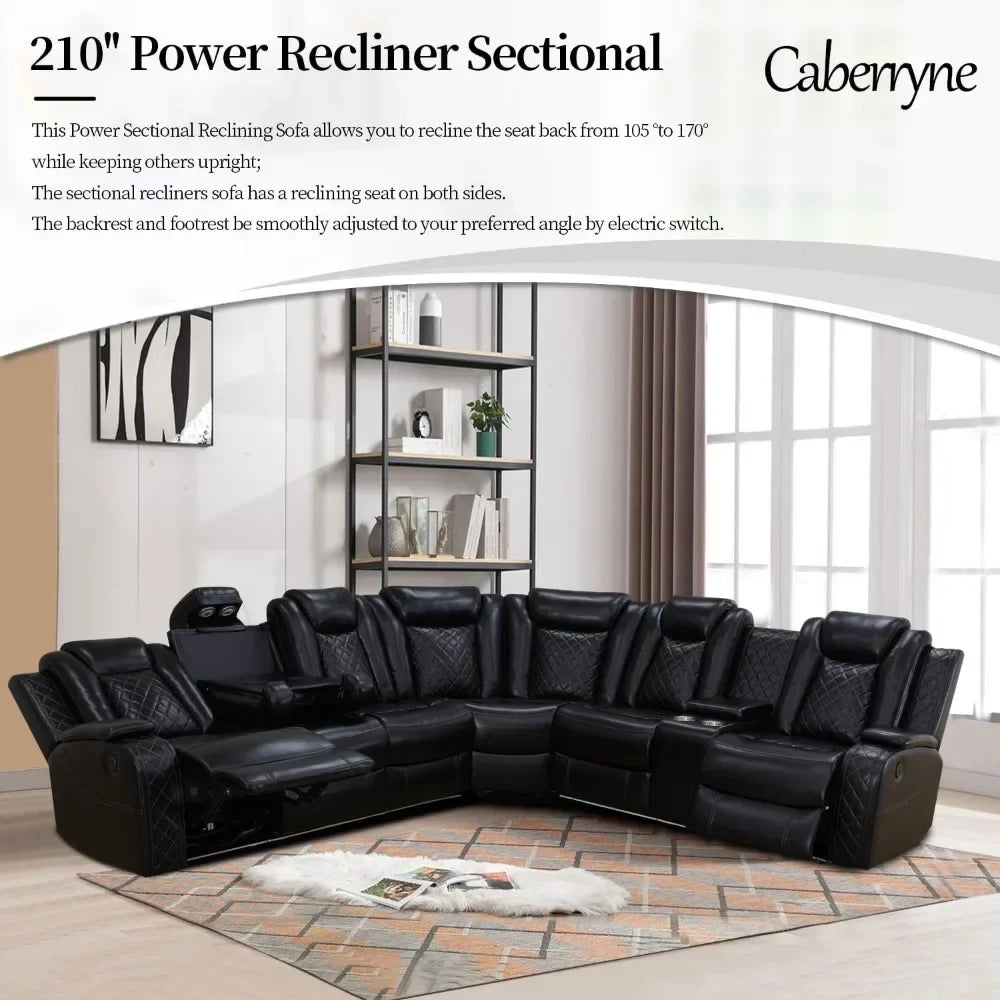 Recliner, Power Recliner Sofa Sectional Couches with LED Light, Leather Reclining Corner Sectional Sofa Set with 3 Recliner Seat