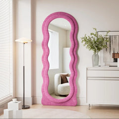 Wavy Mirror Full Length, 63"x24" Irregular Wave Floor Mirror, Full Length Wall Mirror with Flannel Frame(Pink) Home Decor