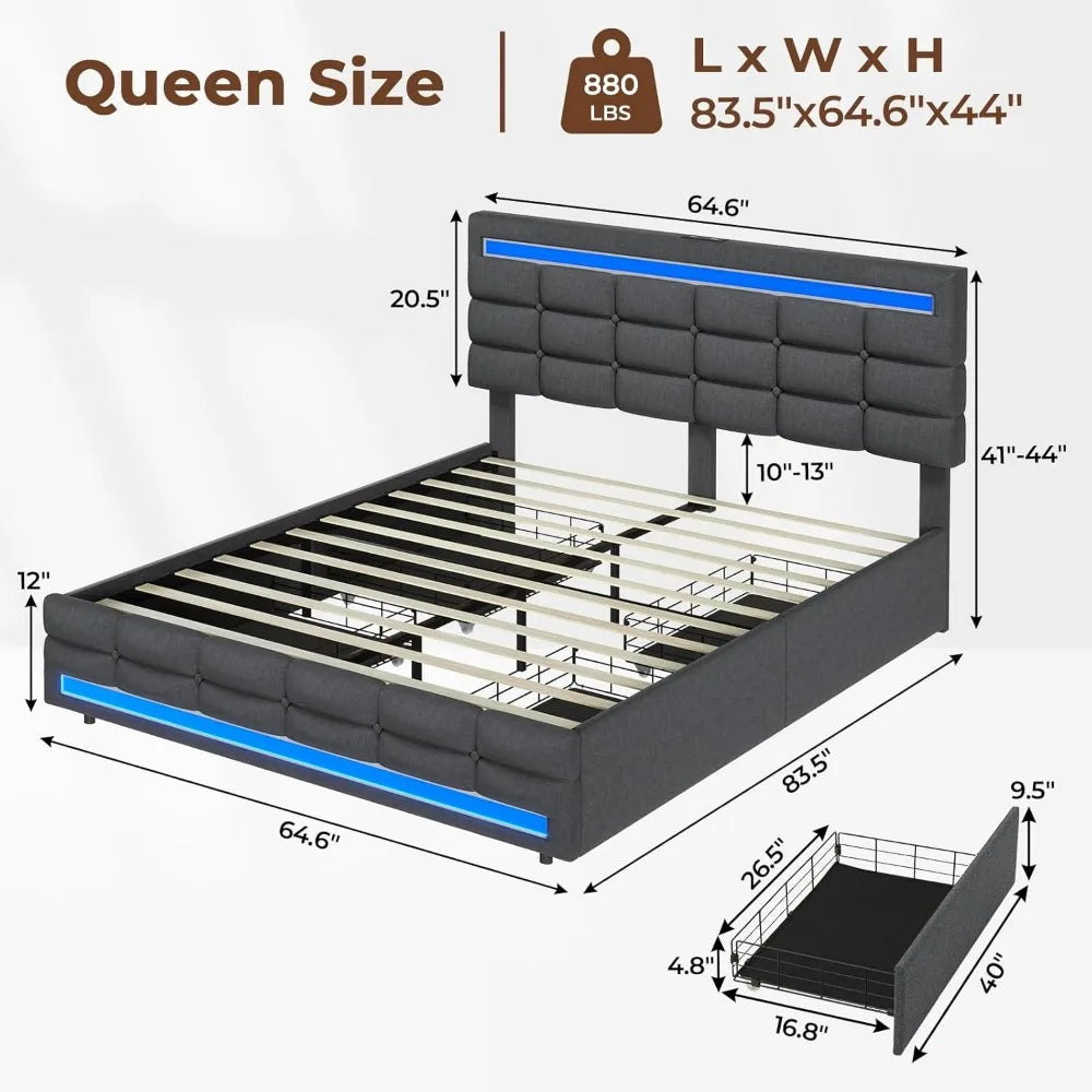 Queen Bed Frame with LED Lights Leather Platform Bed with Storage Drawers and Charging Station,with Adjustable Headboard,Black