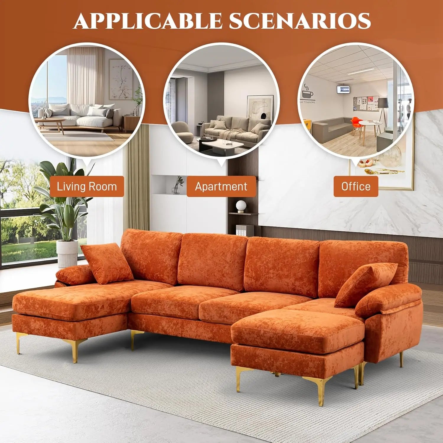 U-Shaped Sectional Sofa Couch, 4 Seat Sofa Set for Living Room, Convertible L-Shaped Velvet Couch Set with Chaise Lounge