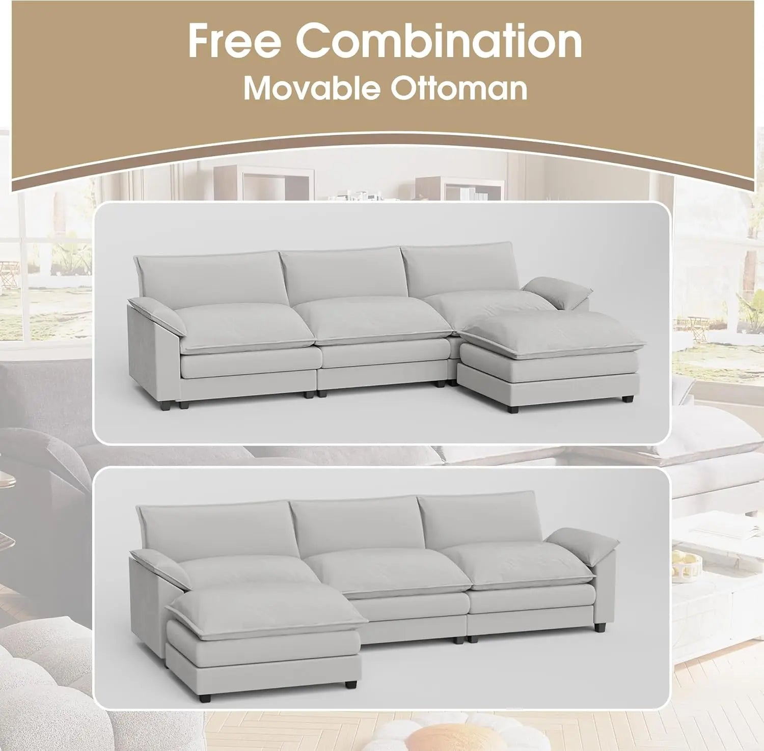 119” Modular Sectional Sofa Couch, Modern Wide Arm L Shaped Couch with Deep Seat and Reversible Ottoman