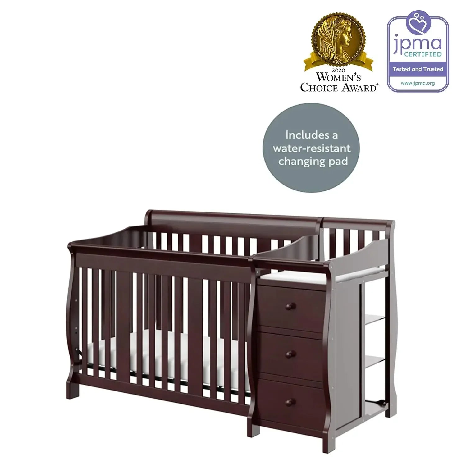 Storkcraft Portofino 5-in-1 Convertible Crib and Changer (White) – Changing-Table Combo with Drawer, Converts to Toddler Bed,