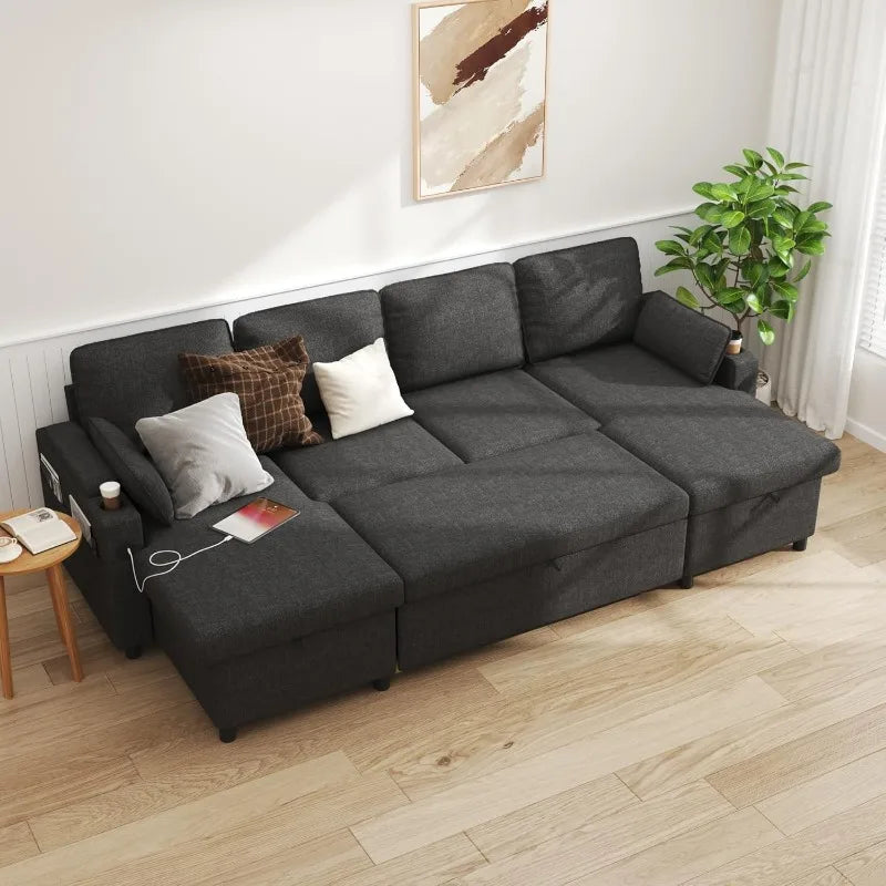 DURASPACE Sofa Bed Pull Out Couch Sleeper with Storage Chaise, with USB Charging Ports, Cup Holder