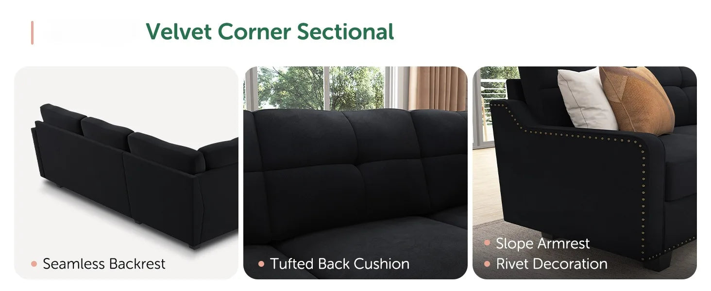 Living Room Sofa Convertible Sectional Sofa L Shaped Couch for Apartment Reversible Sectional Couch for Living Room, Velvet