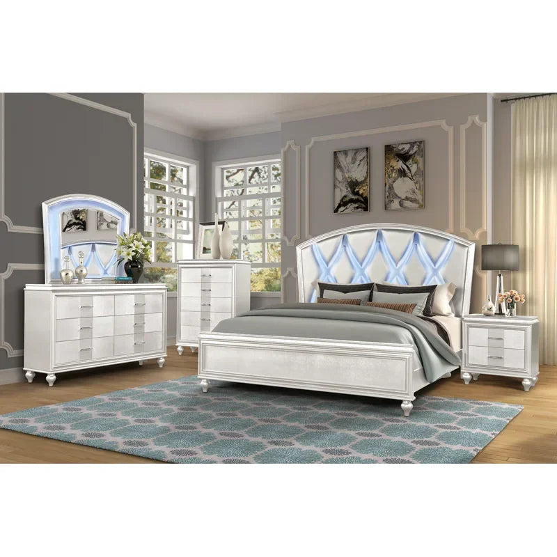 Queen 6 PC LED Bedroom set made with Wood in White  Bedroom Furniture Set