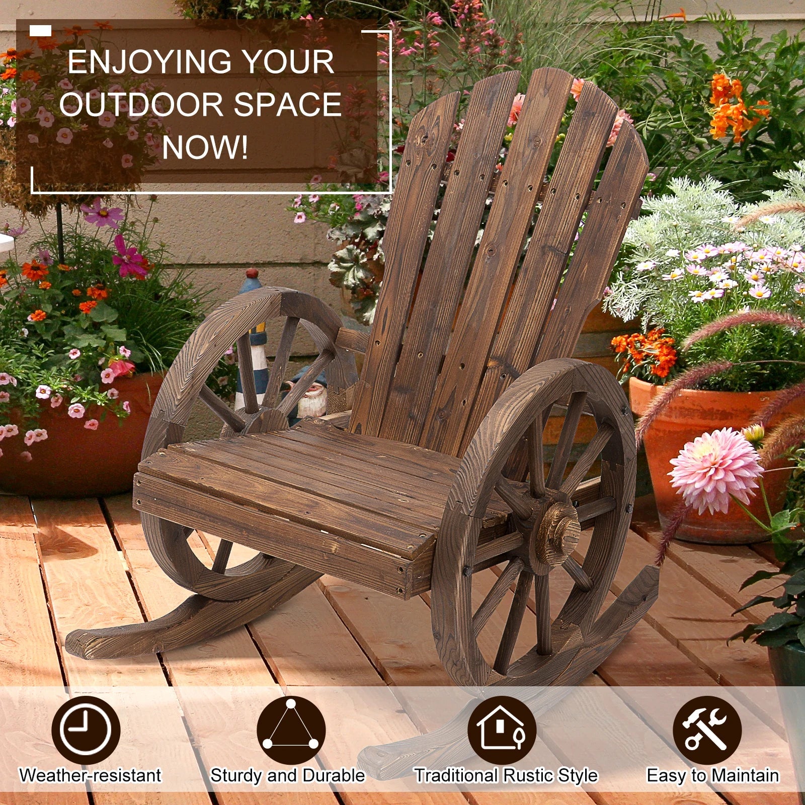 Rustic Wood Adirondack Rocking Patio Chair w/ Slatted Design, Wheel Armrests