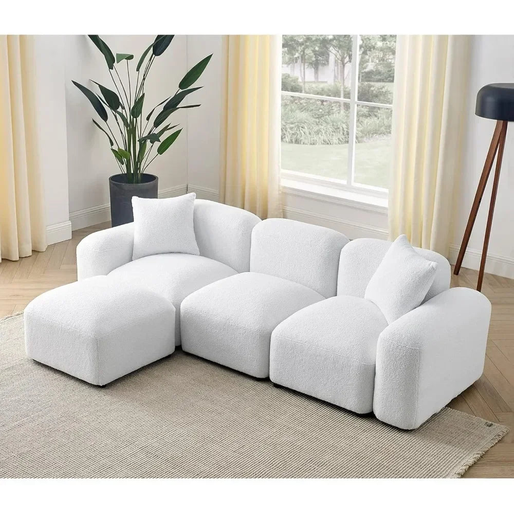 94” Living Room Sofas with Ottoman, 3-Seater, Boucle Fabric L-Shaped Modern Bubble Couch, Convertible Modular Sectional Sofas