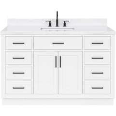 54" Bathroom Vanity with Carrara Quartz Countertop, Single Rectangular Sink, Soft Closing Doors & Drawers