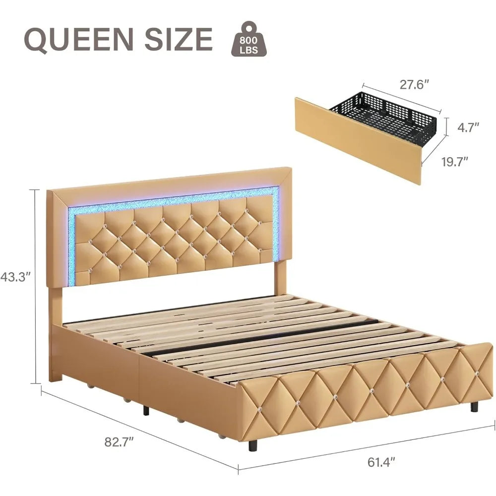 Queen Bed Frame with LED Lights, Upholstered Bed Frame with 4 Drawers, Modern Platform Bed with Crystal Headboard and Footboard.