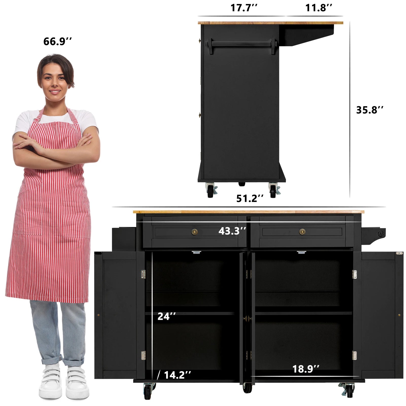 Rolling Kitchen Cart with Drop Leaf,  Mobile Kitchen Island Table on Wheels with Drawer and Storage Cabinet, Rubber Wood Top