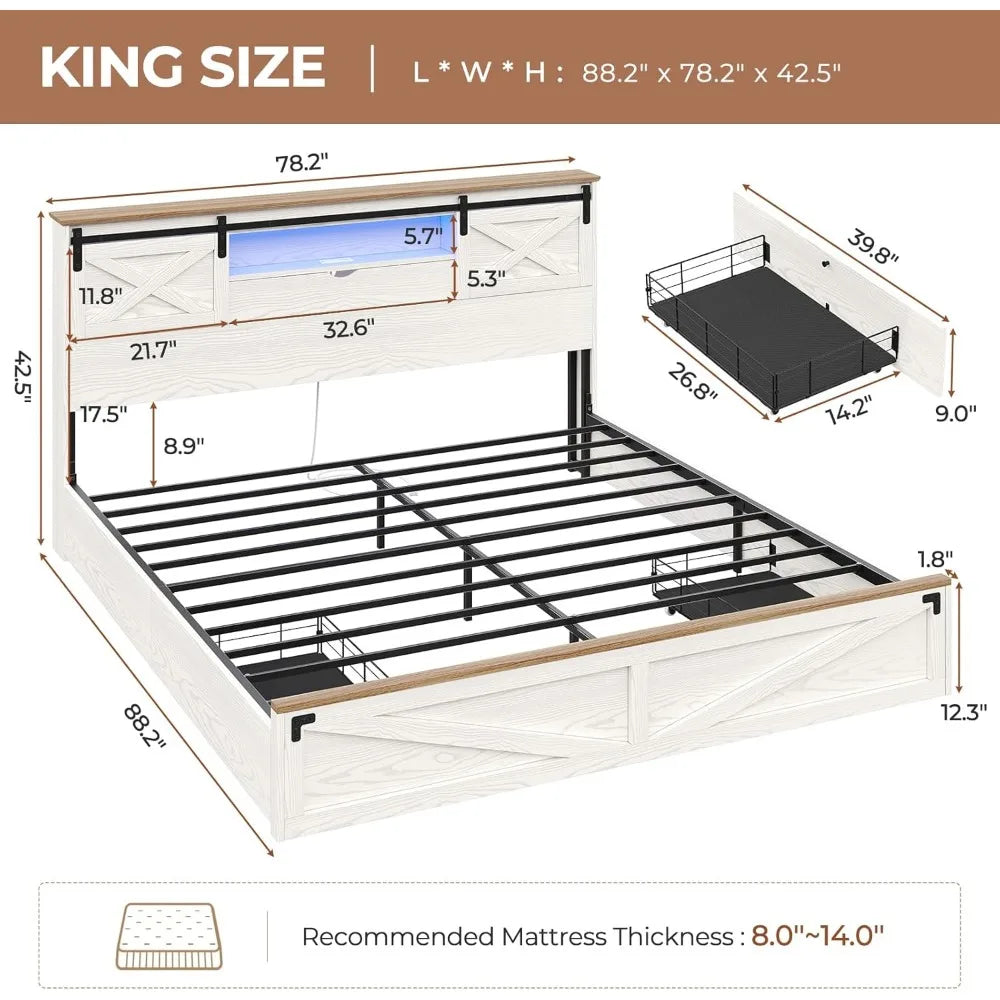 Bed Frame King Size with LED Lights and Charging Station, Wooden King Bed with 2 Storage Drawers, Rustic Headboard