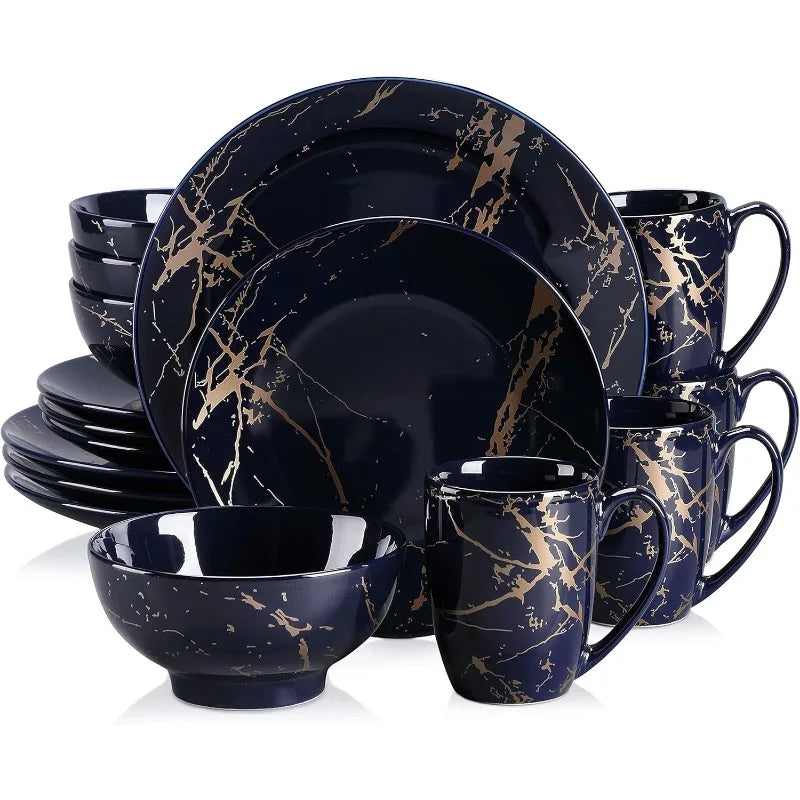 Black Plates and Bowls Sets for 4, Porcelain Dinnerware Sets 16 Piece, Round Dinner-Set with Mugs, Dishwasher Microwave Safe