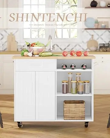 Kitchen Island Cart with Storage,Rolling Kitchen Island Side Table on Wheels with Worktop,Single Door Storage Cabinet and Drawer