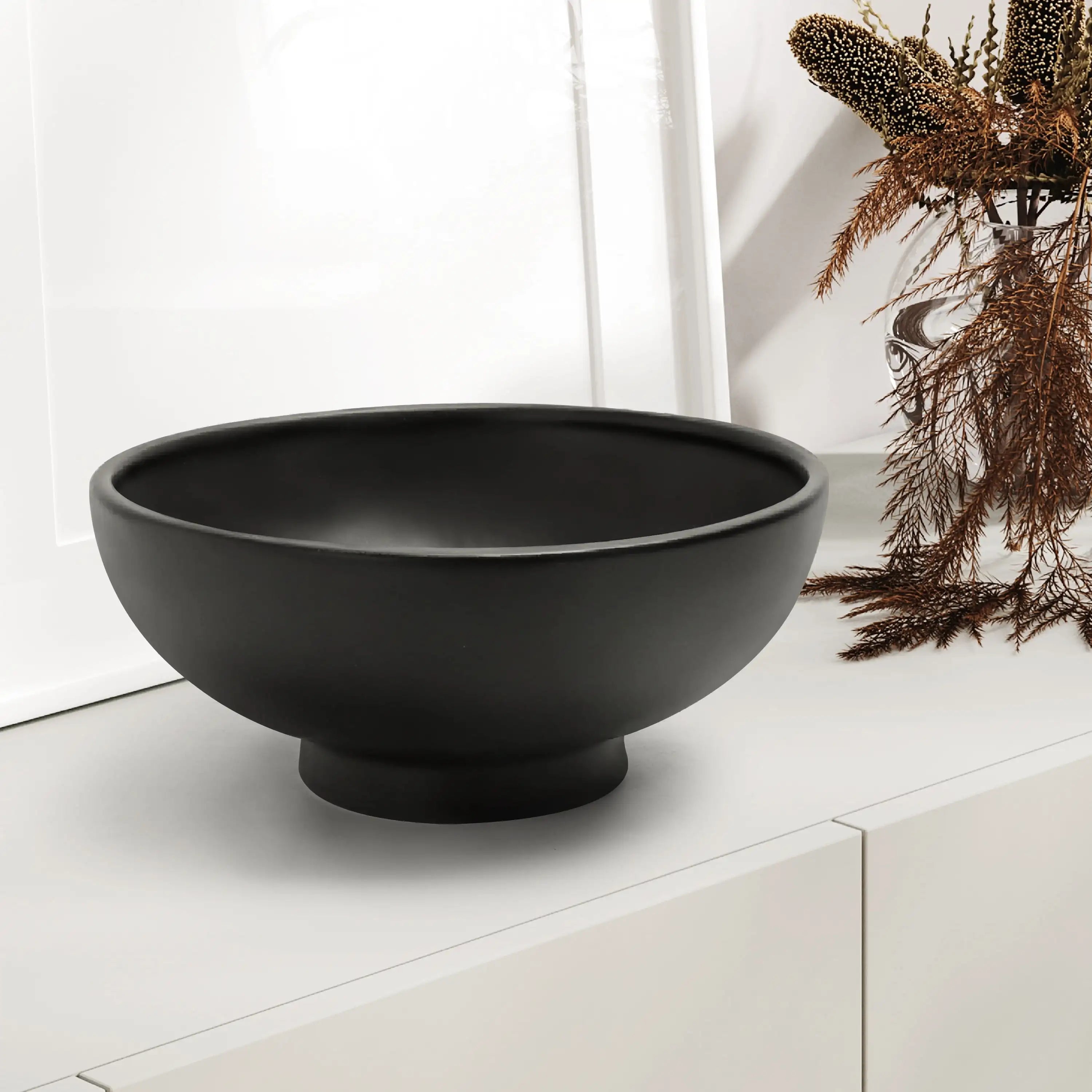 Durable Smooth Matte Black Round Ceramic 9.4" Decorative Bowl Hand Crafted Decorative Use Only Great Accent Piece