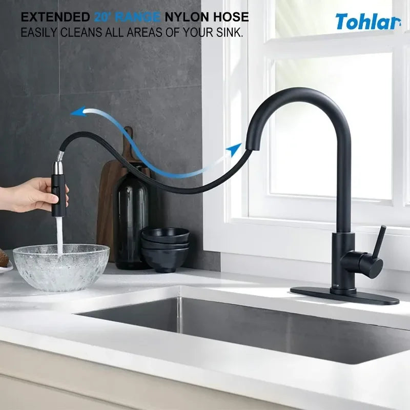 Tohlar Black Kitchen Faucets with Pull-Down Sprayer Single Handle Kitchen Faucet, Modern Stainless Steel Kitchen Sink