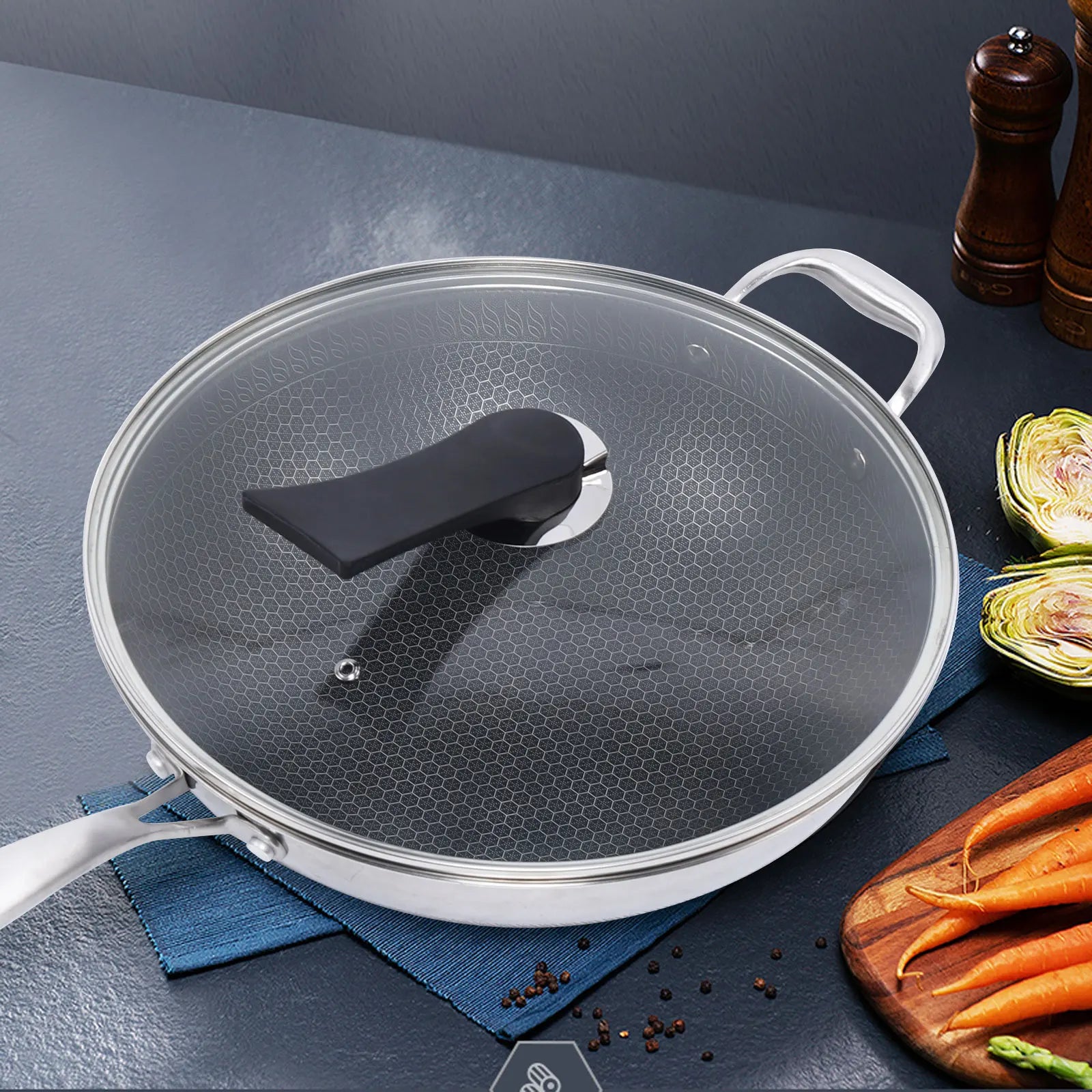 Stainless Steel Non Stick Double Sided Screen Honeycomb Wok Frying Pan Kitchen Chinese Cast Cooking Fry Pan 34cm