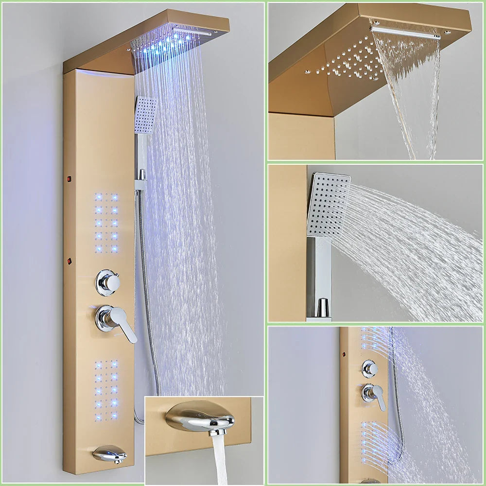 LED Shower Faucet Bathroom SPA Massage Jet Shower Matte Black Column System Waterfall Rain Shower Panel Bidet Sprayer Tap