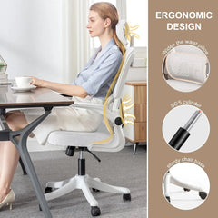 Office Chair Comfort Home Desk Adjustable High Back Mesh Lumbar Support Computer with Flip-up Arms for Work,White