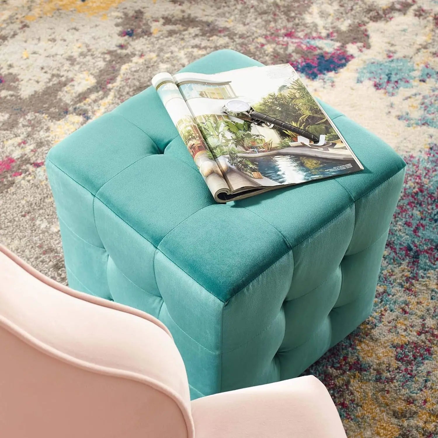 Comfort Corner Contour Tufted Button Cube Performance Velvet Ottoman, Teal 15.5"L x 15.5"H