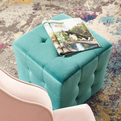 Comfort Corner Contour Tufted Button Cube Performance Velvet Ottoman, Teal 15.5"L x 15.5"H