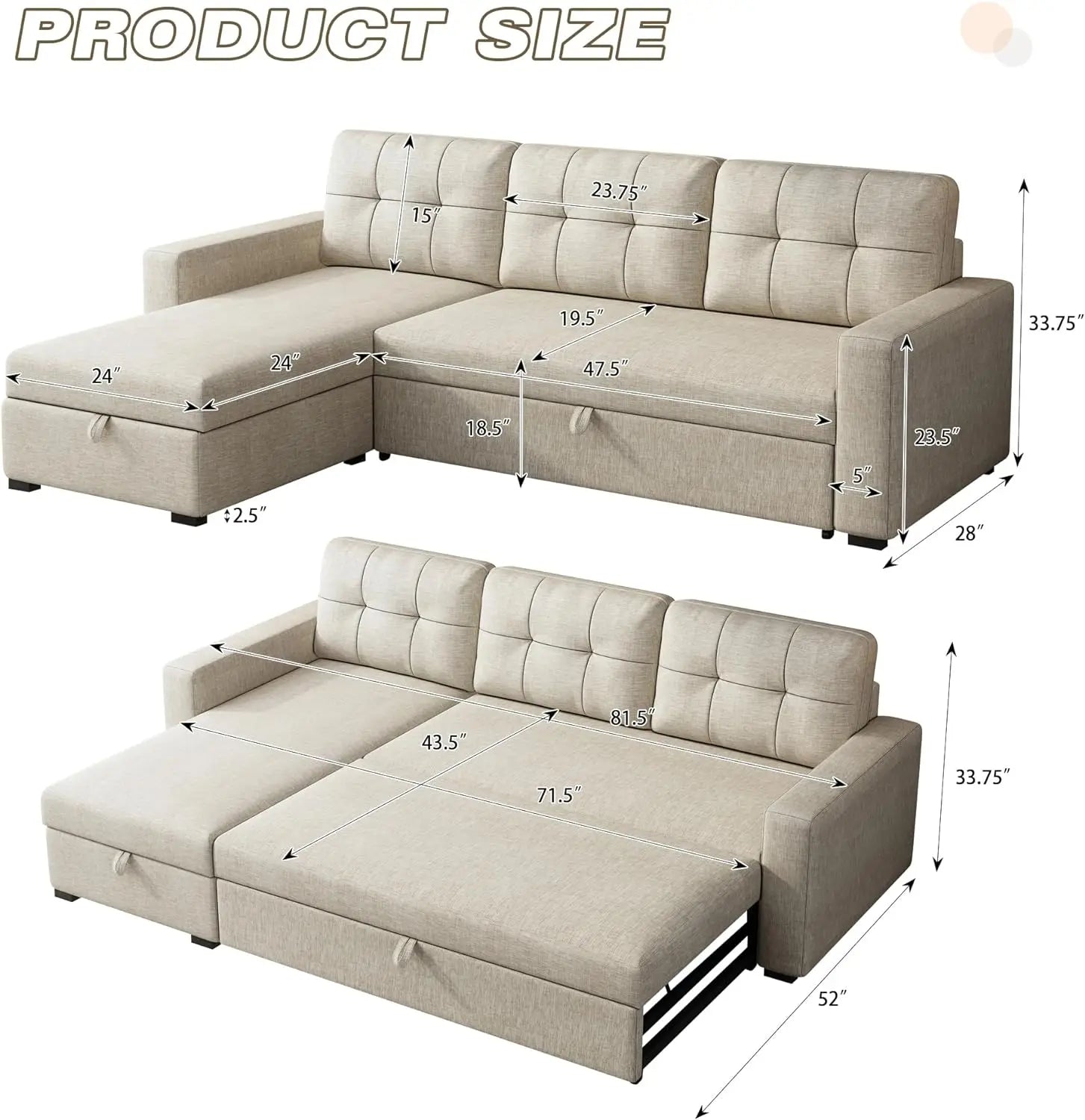 L-Shape Upholstered Sectional Sofa with Storage Chaise & Pull,Convertible Couch W/ 3 Back Cushions,Reversible Sleeper