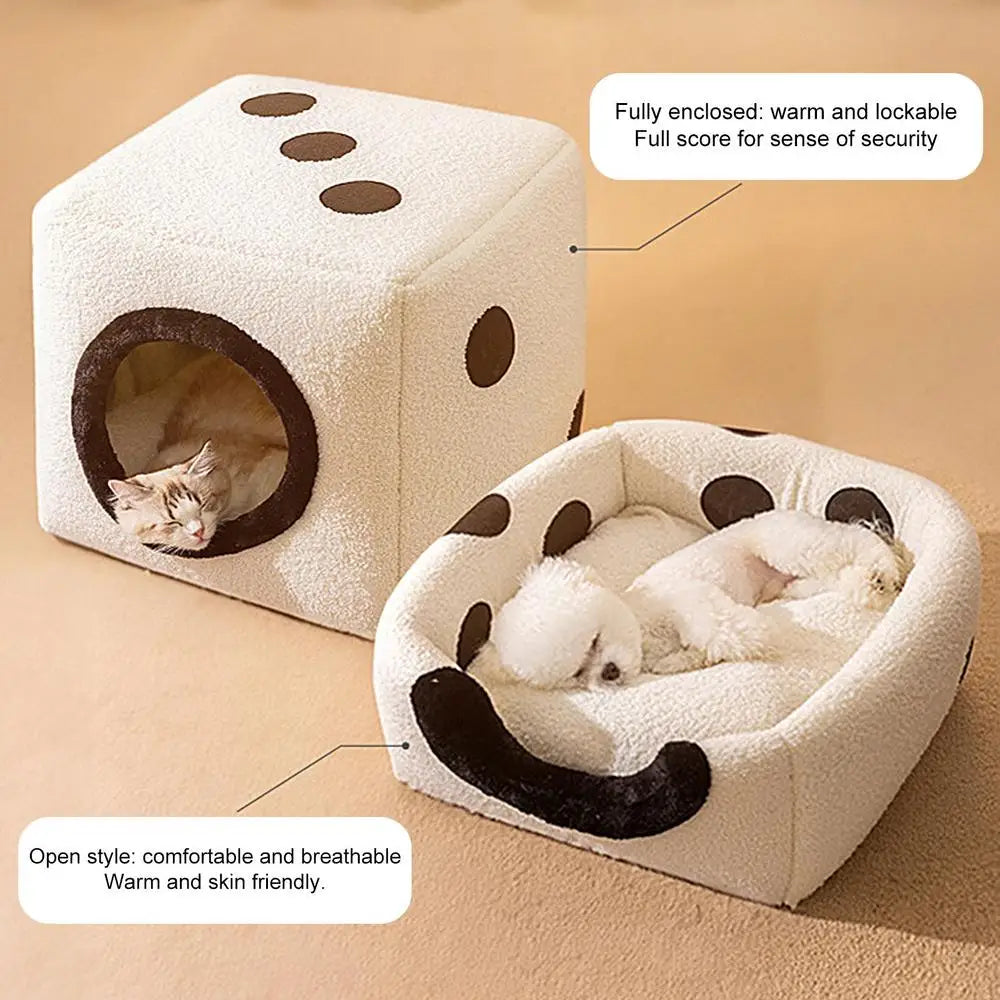 Winter Warm Cat Bed Dice Shape Foldable Cat House Cozy Kitten Lounger Cushion Soft Comfort Pet Deep Sleep Bed Pet Tent Cave Nest