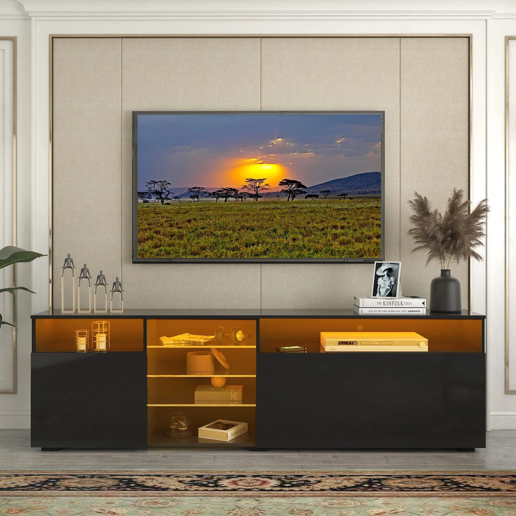 63" LED TV Stand for 65/70 inch TV,  High Gloss TV Cabinet w/Adjustable Shelf, Modern Black Entertainment Center for Living Room