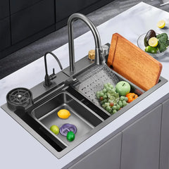 Black-Grey Nano Kitchen Sink 304 Stainless Steel Waterfall Sink Single Bowl Workstation Kitchen Sink