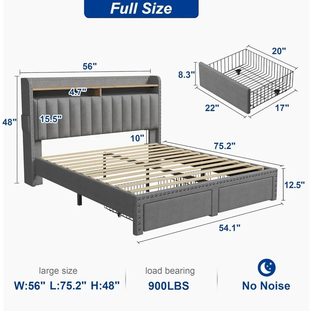 King Size Bed Frame with Storage and Headboard,Upholstered King Bed Frame with Storage & 2 Drawers,NO Noise,No Box Spring Needed