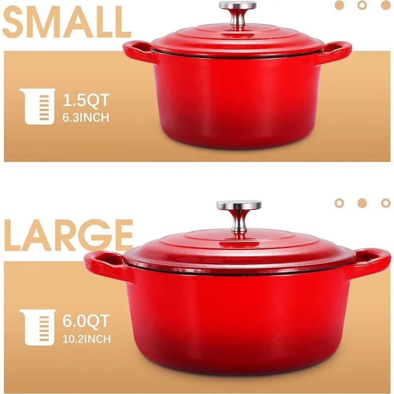 Enameled Cast Iron Dutch Oven Set with Lids, 2pcs Cast Iron Pot, 6QT & 1.5QT Enamel Cookware Pot, Red