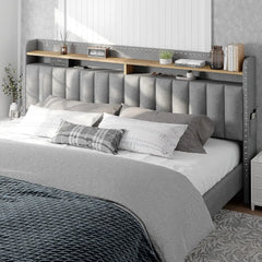 King Size Bed Frame with Storage and Headboard, Upholstered King Bed Frame with Storage, Grey King Bed Frame with 2 Drawers