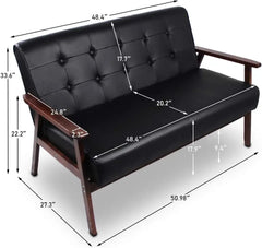 Mid-Century Modern Solid Loveseat Sofa Upholstered Faux Leather Couch 2-Seat Wood Armchair Living Room/Outdoor Lounge C