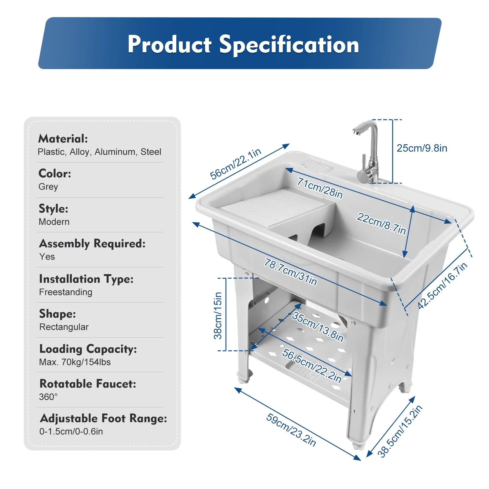 Home Laundry & Utility Sinks, Plastic Freestanding Washing Room Laundry Tub Sink with Washboard Faucet Drain Kit