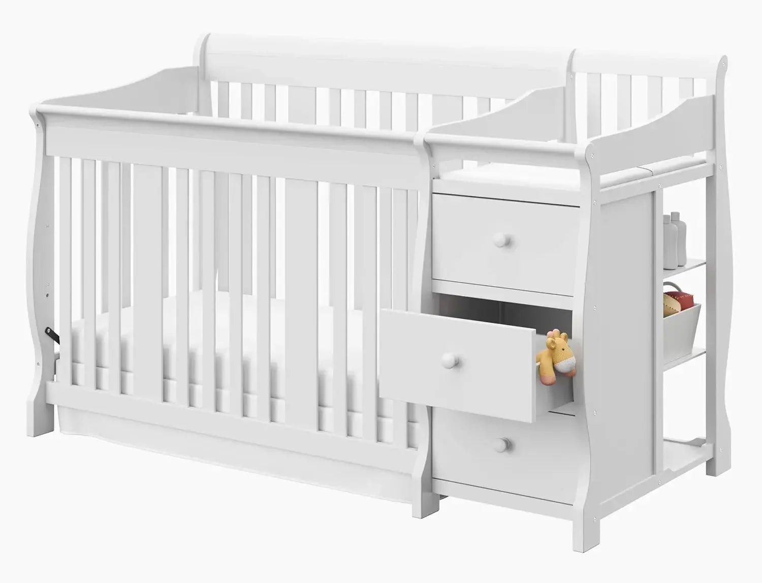 Storkcraft Portofino 5-in-1 Convertible Crib and Changer (White) – Changing-Table Combo with Drawer, Converts to Toddler Bed,