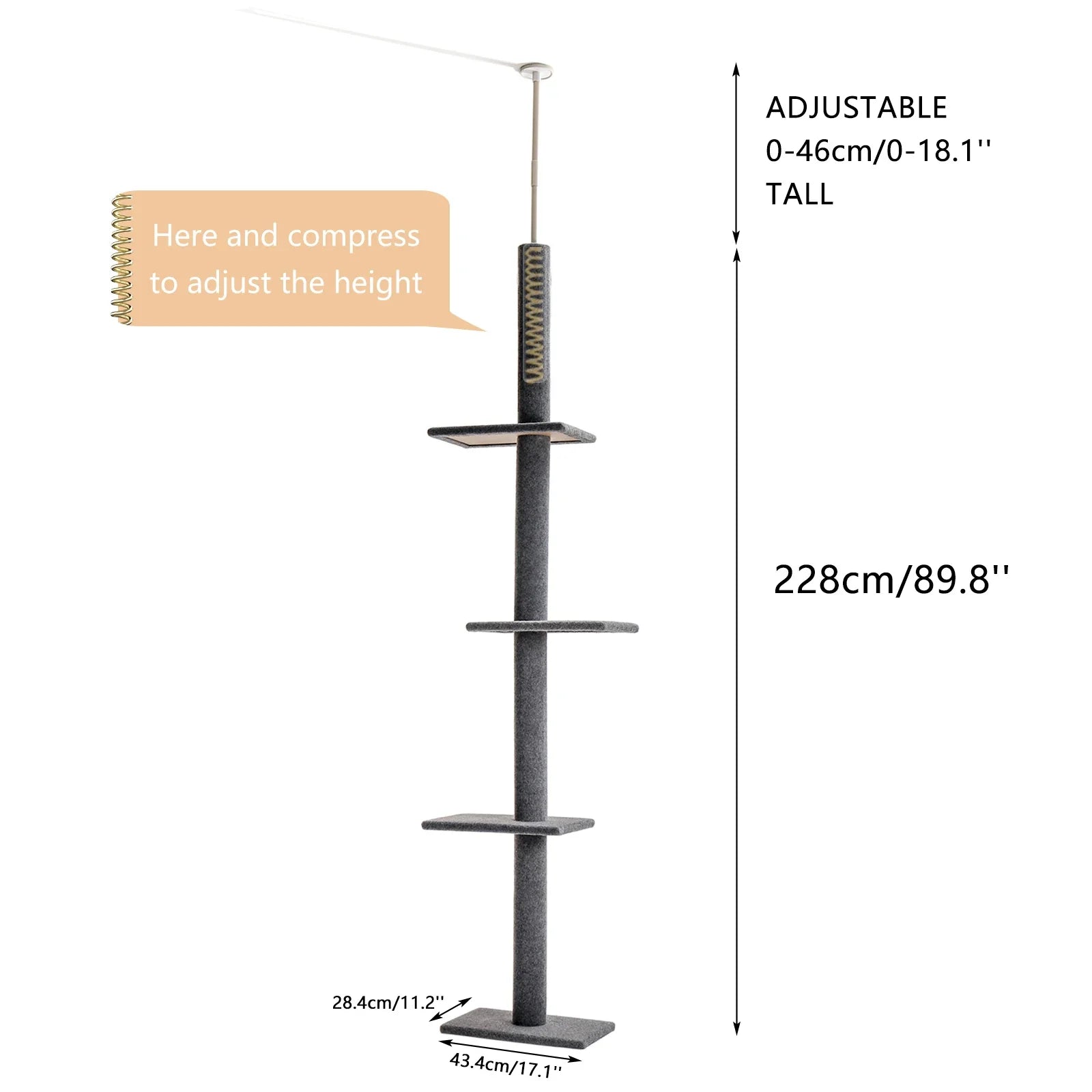 Adjustable 228-274cm Height Floor-to-Ceiling Vertical Cat Tree Stable Tall Cat Climbing Tree Cat Kittens Cat Toy