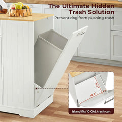 53"" Long Kitchen Island With Trash Can Storage, White Kitchen Island With Tilt Out Trash Can Storage Cabinet 10 Gallon,