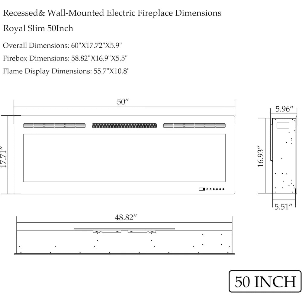 50" WiFi-Enabled Electric Fireplace, Smart Control via Alexa or App, Recessed & Wall Mounted Fireplace Heater