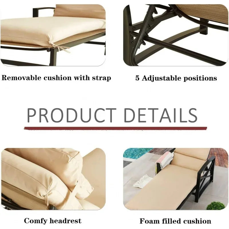 3Pcs Outdoor Lounge Chair Patio Chaise Set Including 2 Recliners with Adjustable Backrest Removable Cushions Khaki