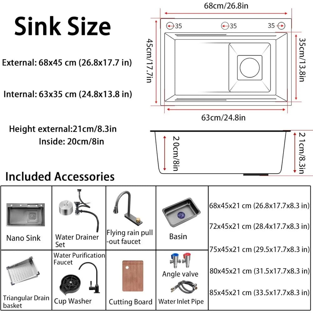 Black-Grey Nano Kitchen Sink 304 Stainless Steel Waterfall Sink Single Bowl Workstation Kitchen Sink