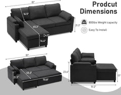 Sectional Sleeper Sofa Couches with Storage,USB, Cup Holder,Pullout Sectional Couches for Apartment Living Room (Dark Gray)