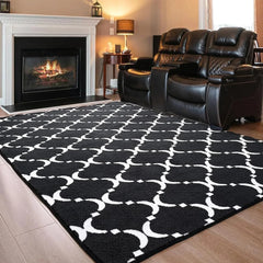 Large Shag Area Rug Memory Foam Living Room Rug 6x9 Feet, Black Plush Geometric Bedroom Rug, Indoor Carpet for Kids Room Decor