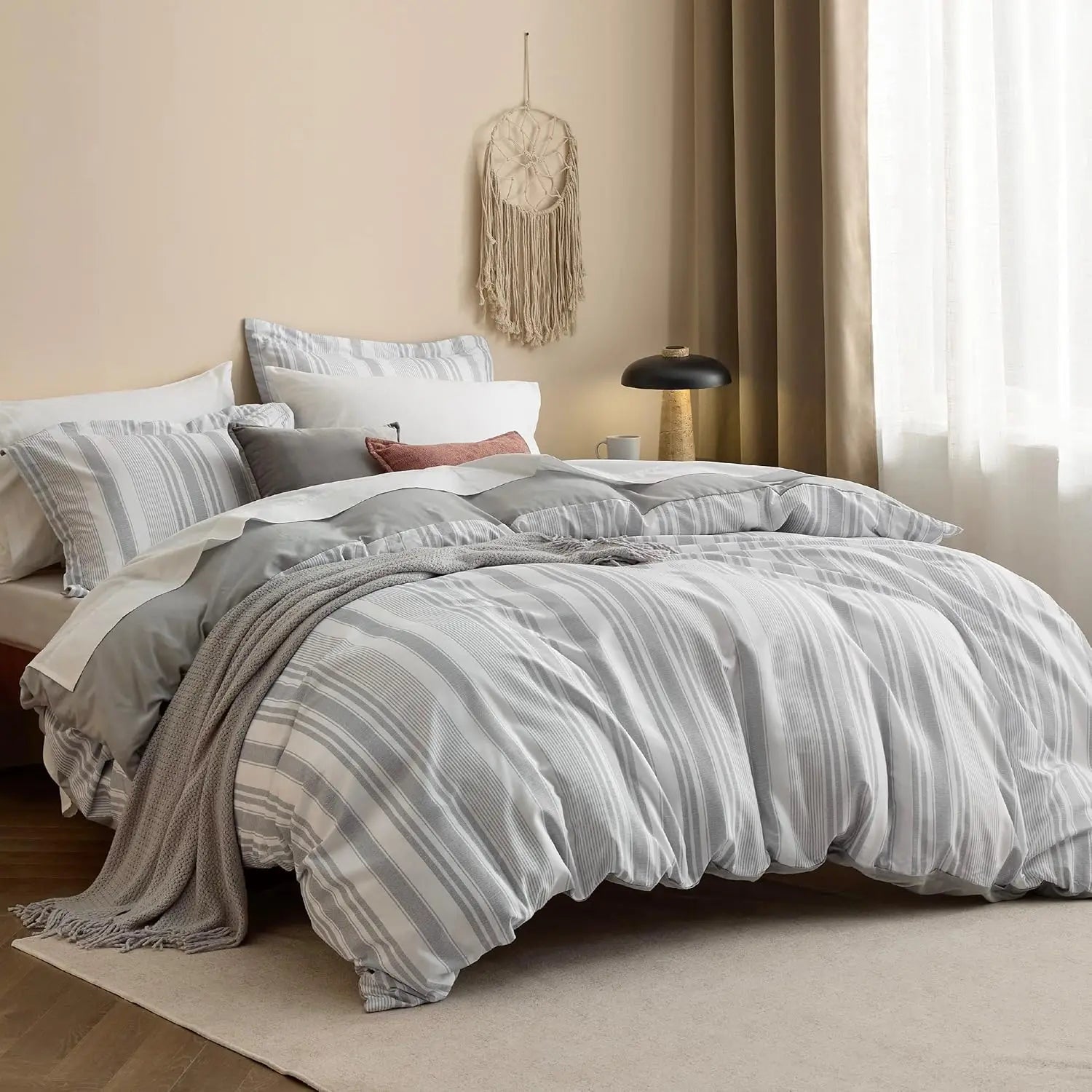 Bedsure Duvet Cover Queen Size - Reversible Striped Duvet Cover Set with Zipper Closure, Grey Bedding Set