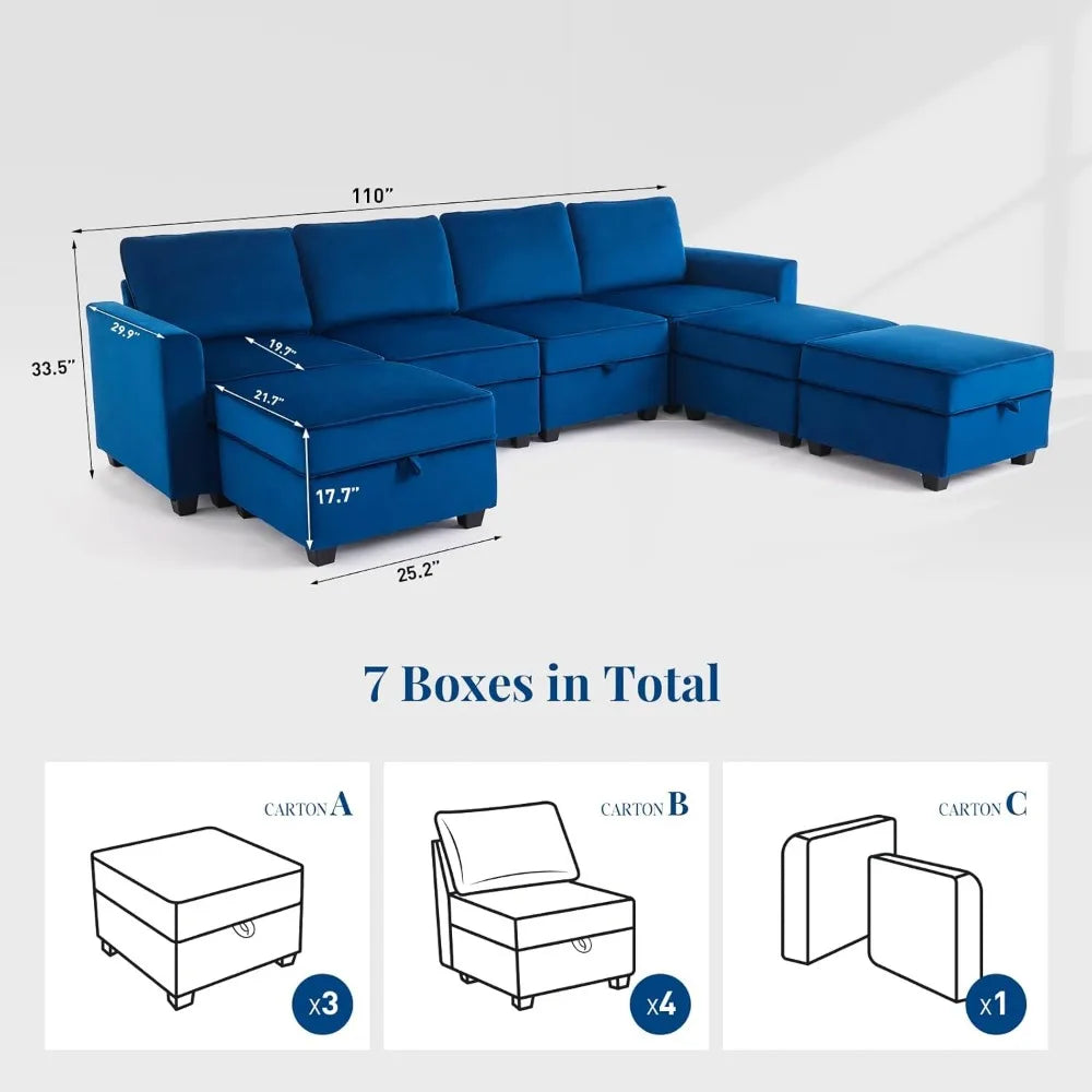 110" Modular Sectional Sofa with Storage, 6 Seat Convertible Couches for Living Room, Velvet U Shaped Sofa Bed Couch, Grey