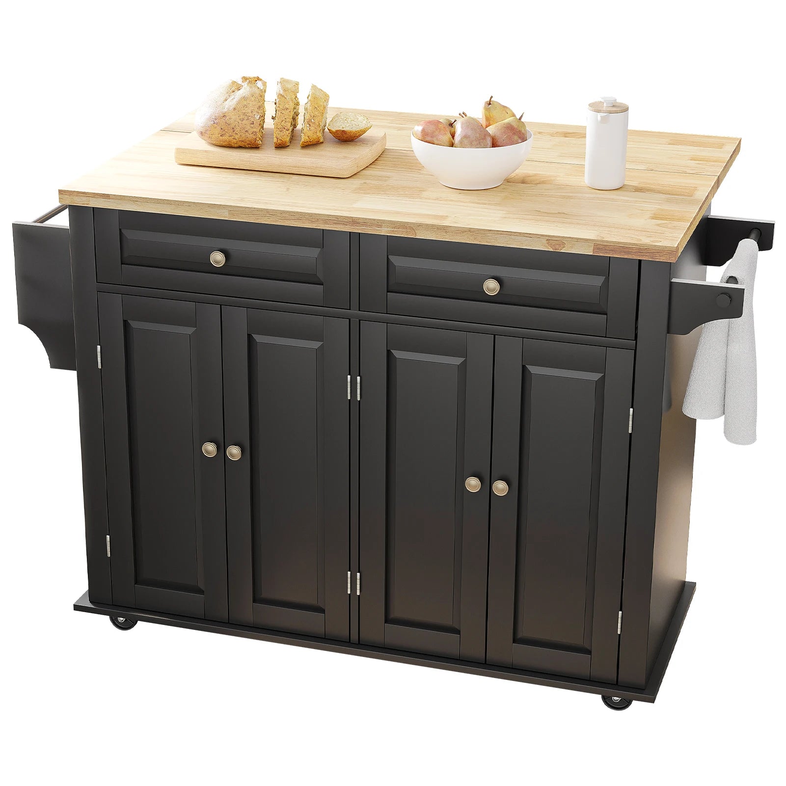 Rolling Kitchen Cart with Drop Leaf,  Mobile Kitchen Island Table on Wheels with Drawer and Storage Cabinet, Rubber Wood Top