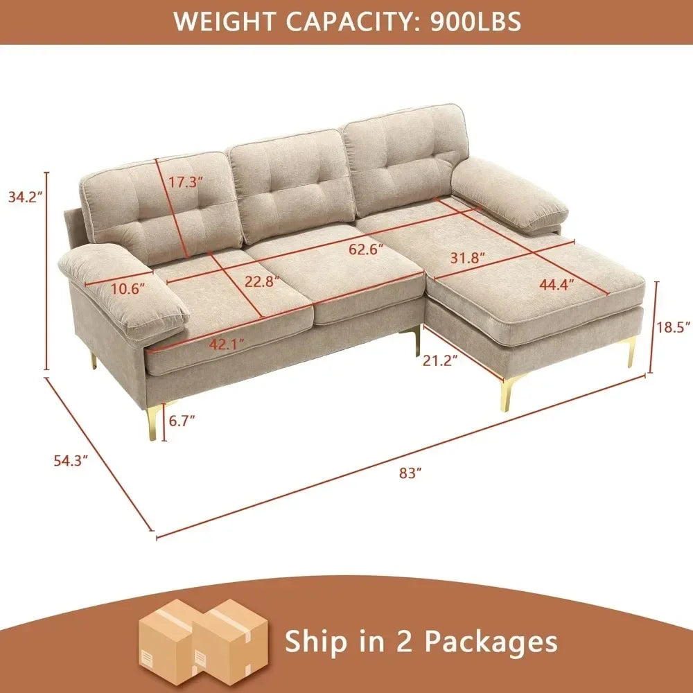 83" Convertible Sectional Sofas with Chaise, Upholstered 3 Seater Couch, Living Room Sofas