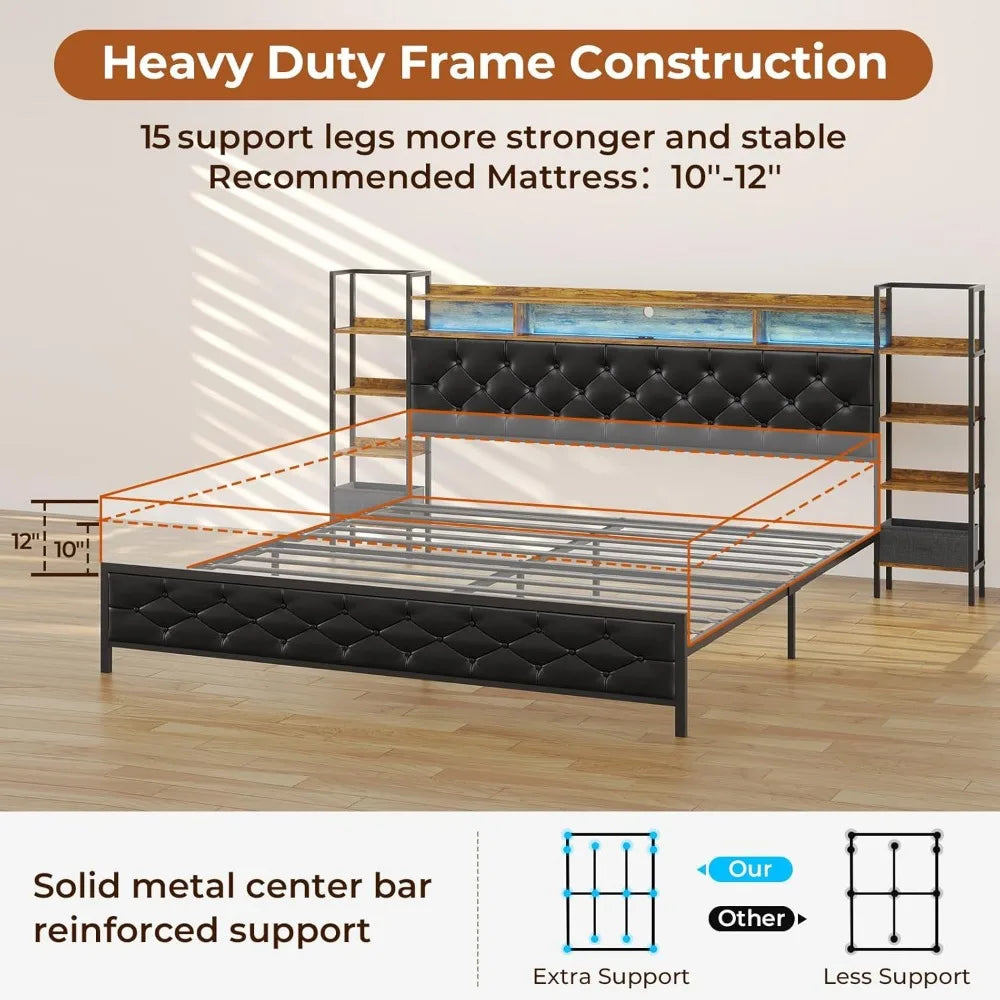 Bed Frame with Bookcase Storage Headboard and Charging Station,Metal Led Platform Bed,LED Lights,No Box Spring Needed,Bed Frames