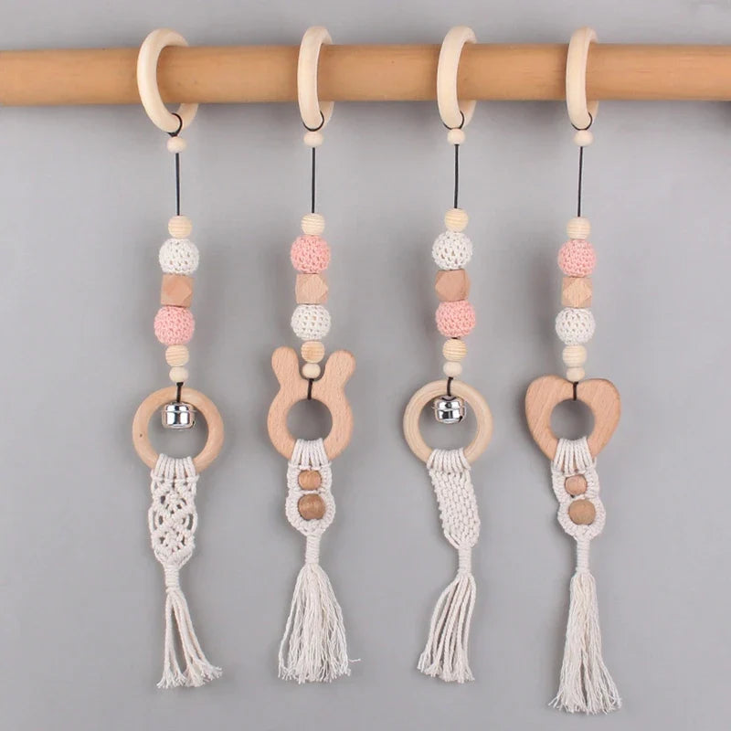 BPA Free Wooden Baby Gym Toys Baby Stroller Hanging Pendants Newborn Play Activity Gym Frame Hanging Rattle Toys Teething Ring