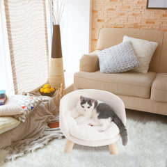 Luxury Cat Bed Soft Warm Plush Fabric Pet Nesting Chair Bed Stool Wood Legs with Cushion Pad Washable Waterproof for Small Pets