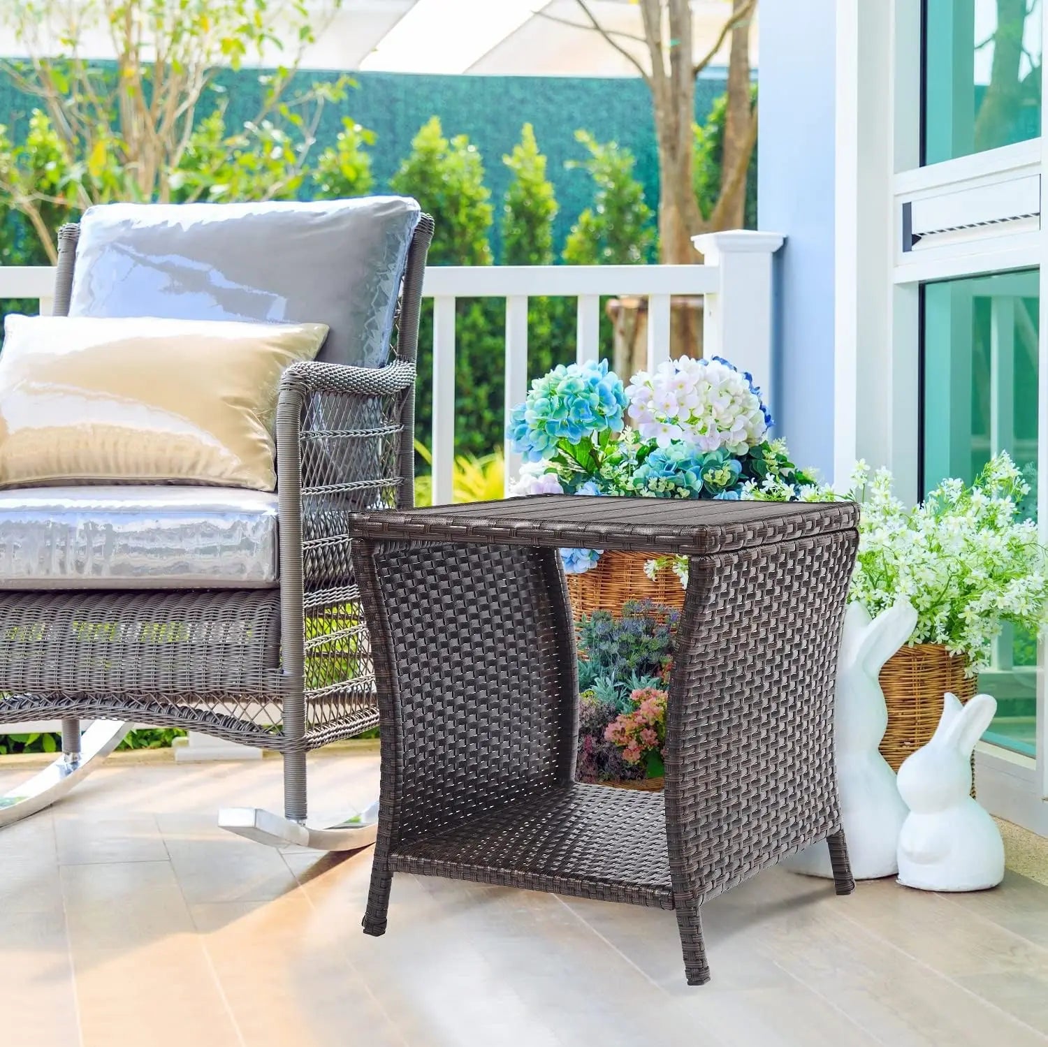 Outdoor Side Table for Patio Small Rattan Wicker Coffee Table Balcony Table