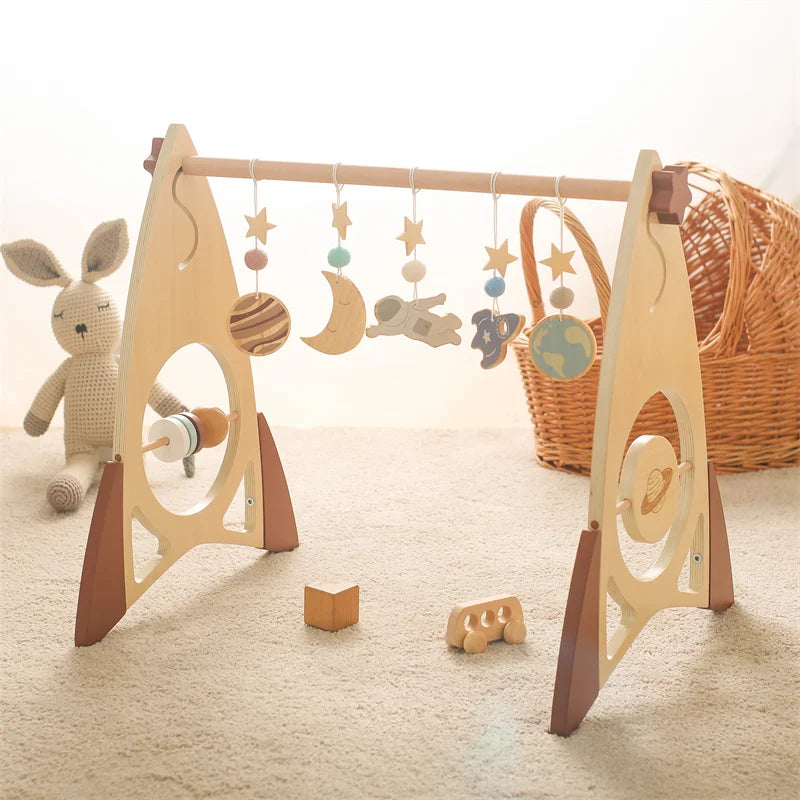 Baby Wooden Gym Frame Rocket Model Newborn Play Gym Activity Celestial Hanging Pendant Rattle For Baby Education Montessori Toys